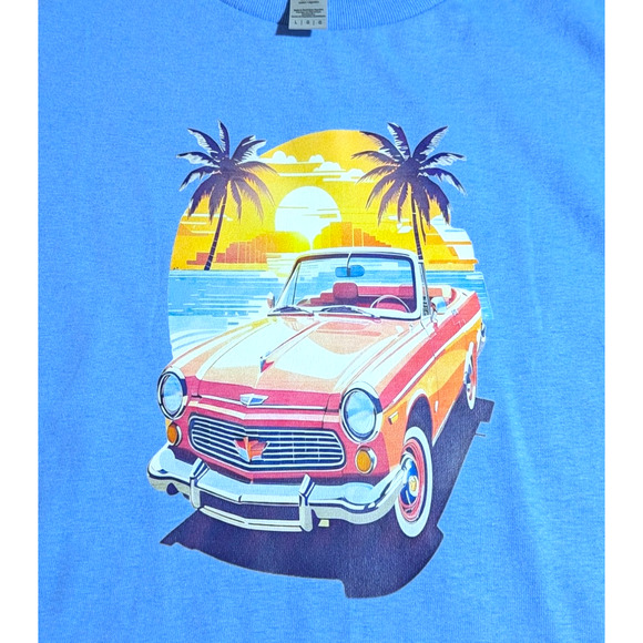 Sunset Cruise - Car & Palm Trees - Graphic Tee - Size L - Lt Blue - All Genders - Picture 4 of 7